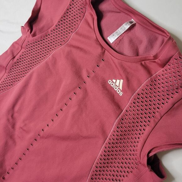 ADIDAS L 12 14 MAUVE PINK STRETCHY ATHLETIC CAP SLEEVE WORKOUT SHIRT TOP - Picture 3 of 6
